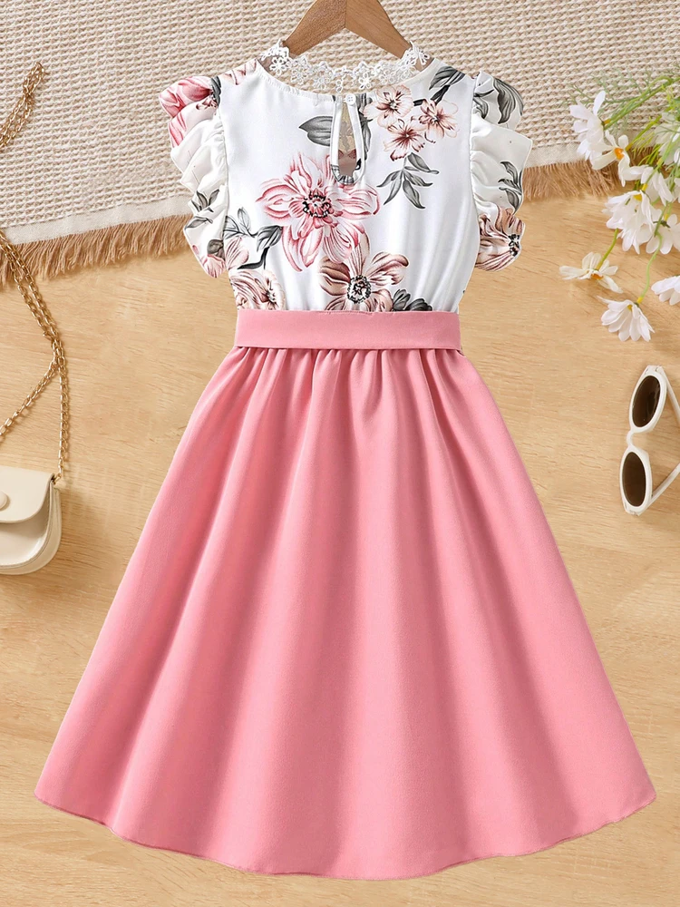 Girls Sweet Ruffle Neckline Flying Sleeves Floral Elegant Dress For Summer Going Out