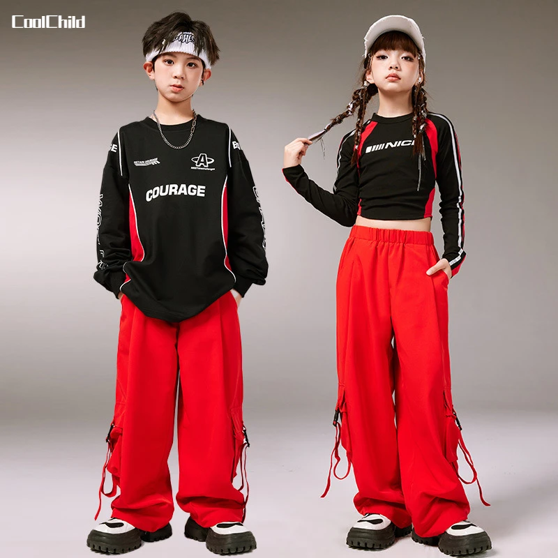 Girls Hip Hop Contrast Crop Top Red Cargo Pants Clothes Sets Boys Street Dance Sweatshirt Kids Jazz Costumes Children Streetwear