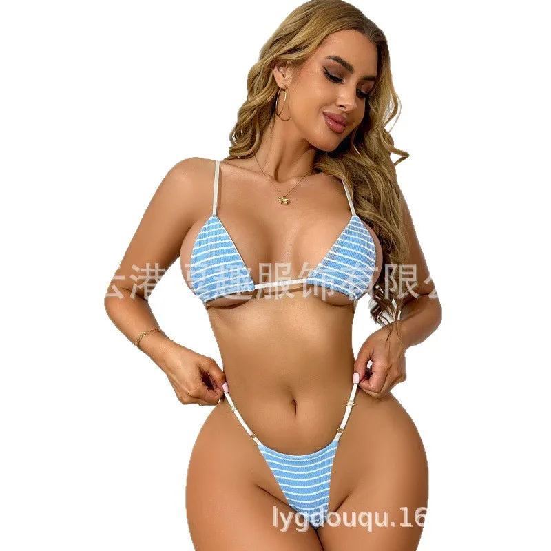 Mengyu Brand Foreign Trade European and American Hot-Selling New Style Two-Piece Swimsuit for Women, Striped Three-Point Bikini, Backless Plus-Size Cross-Border Swimsuit, Beach Vacation Pool Casual Bikini Two-Piece Set