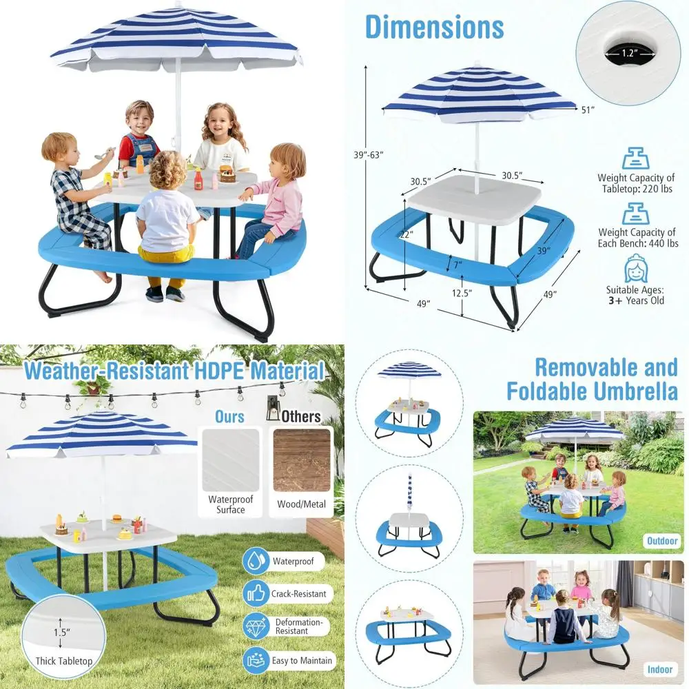 

Набор столов для пикника на открытом воздухе для малышей на 8 человек с 4 скамейками, съемным зонтиком, металлическим каркасом, прочный для детей