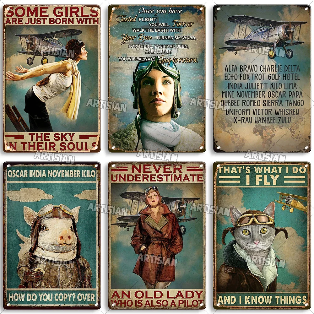 Artisian Pilot Metal Sign Flight Attendant Tin Plate Airplane Aviation Decorative Plaque Wall Decor Garage Bar Pub Club Hotel