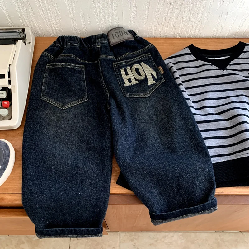 

Boys Jeans 2025 Autumn Winter Korean Style Kids Clothes Loose Casual Trendy Fashion Versatile Long Solid Color Pants