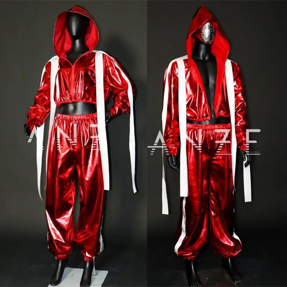 

Male Female Jazz Hip Hop Dance Costume Red Laser Hooded Jacket Pants Set Street Dance Team Performance Clothes Bar Rave Outfit