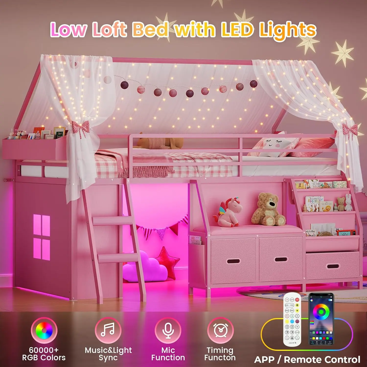 Cama Alta Infantil Tamanho Solteiro com Estante, Cantinho de Leitura, Cama Alta Infantil com LED e 3 Gavetas, Espaço de Brincadeira Abaixo da Cama, Casinha, Personalizável