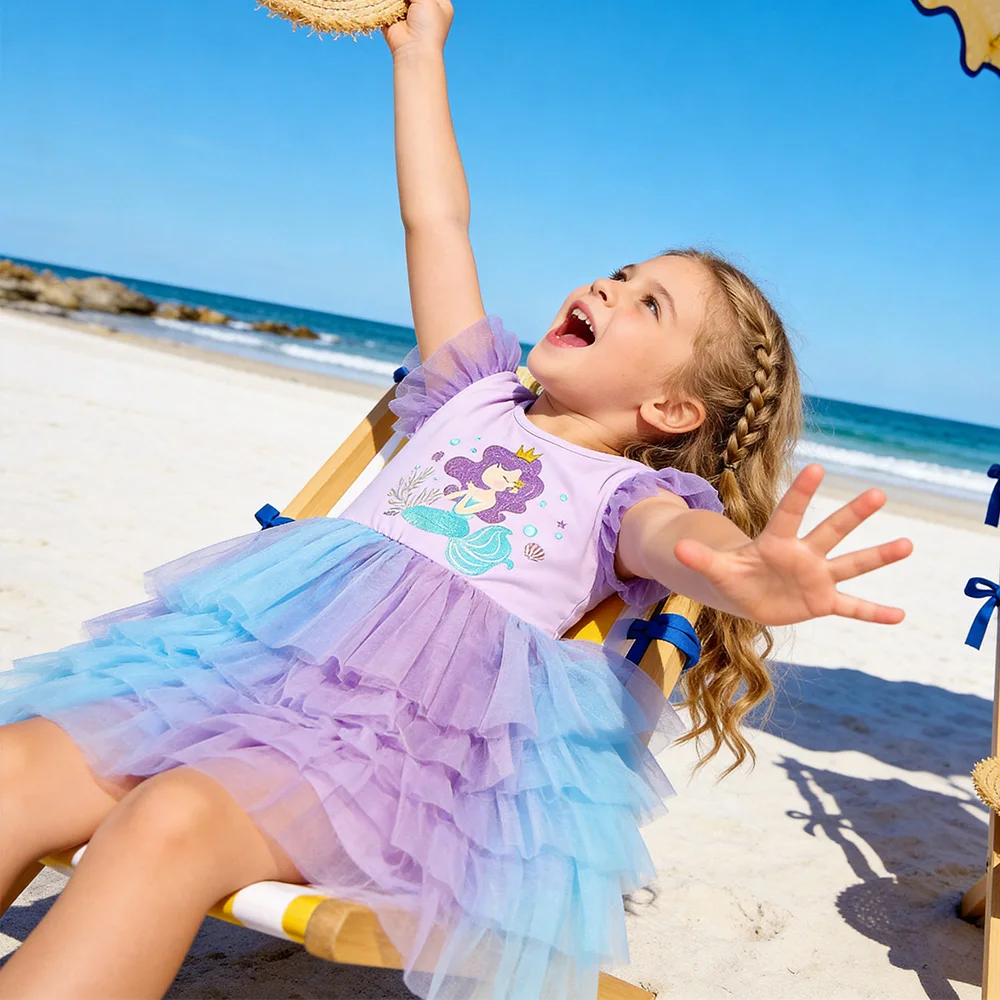 VIKITA Kids Princess Party Daily Summer Tutu Dress Girl Mermaid Purple Costumes Kids Elegant Tulle Mesh Prom Gown 3-10 Yrs