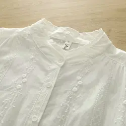 2026 Sweet Mori Kei Lace Embroidered Shirt Female Stand Collar Blouse Women Autumn Japan Style 100% Cotton Long Sleeve Shirts