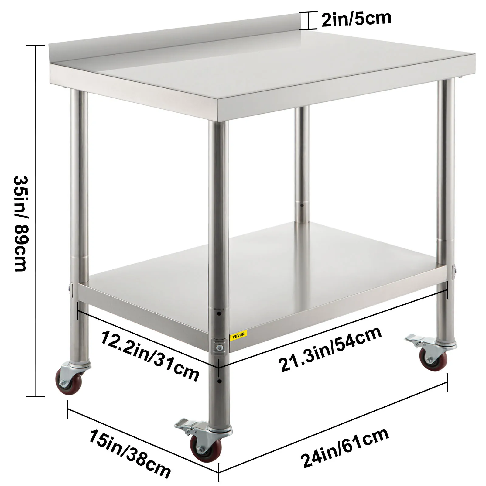 VEVOR Edelstahl-Arbeitstisch, 24 x 15 x 35/24 x 24 x 35/30 x 24 x 35/36 x 24 x 35 Zoll, 440 lbs, mit Backsplash und Rollen