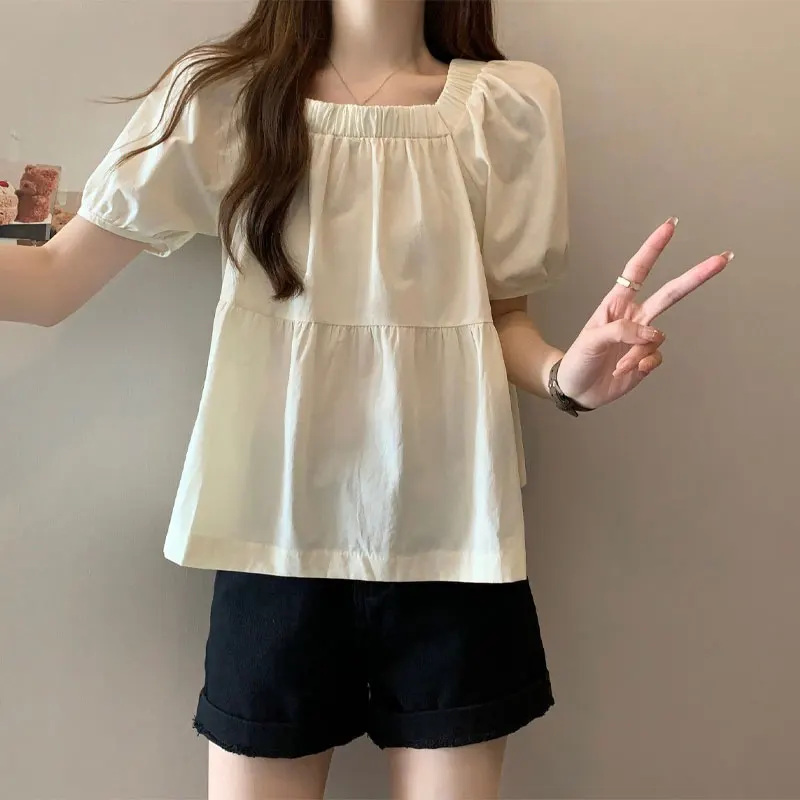 2024 Summer Puff Sleeve Shirt Elegant Square Collar Elastic Women\'s Clothing Fashion Folds Spliced Solid Color All-match Blouse