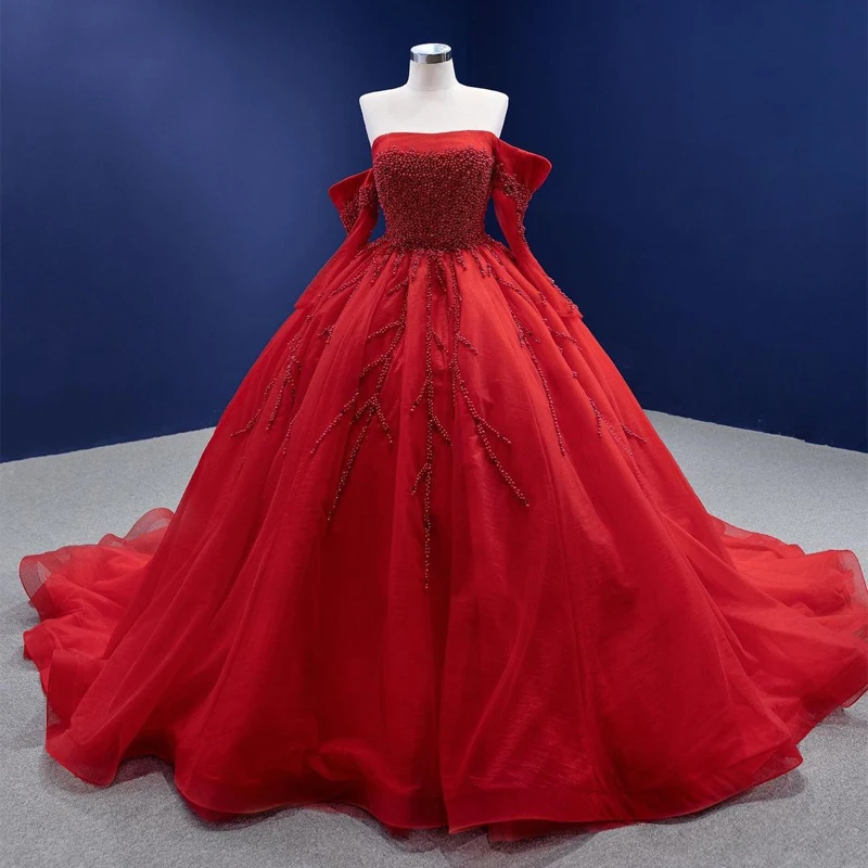 

Red Elegant Wedding Dress Beaded Strapless Wedding Formal Show Dress Tulle Pearl Ball Gown Large Size Custom