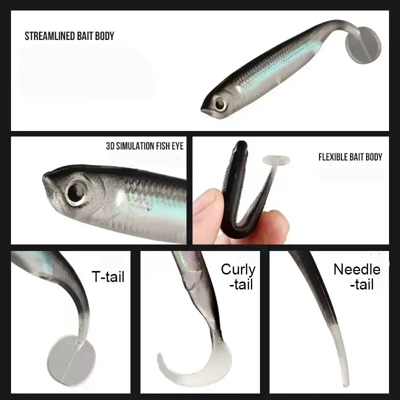 5-piece Set of Fishing Soft Bait T-tail Fish Bait Swinging Rotating Rainbow Fish Soft Fish T-tail Rolled Tail Straight Tail