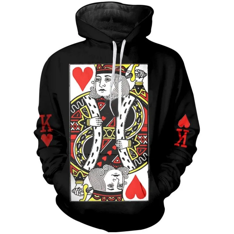 Cool Poker Pattern Hoodie For Men Red Hearts K 3D Printed Long-Sleeved Loose Hoodies Sweatshirt Sport Tops Pullover Streetwear