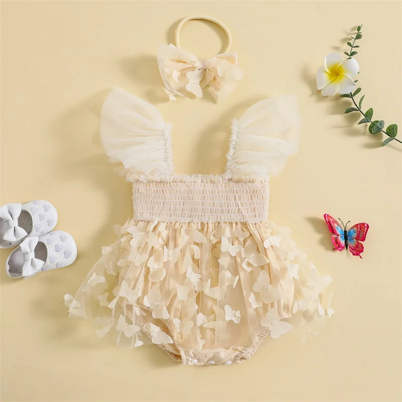 Infant Girl Romper Dress Butterfly Decor Fly Sleeve Ruched Mesh Skirt Hem Jumpsuits Newborn Clothes Baby Bodysuits with Headband