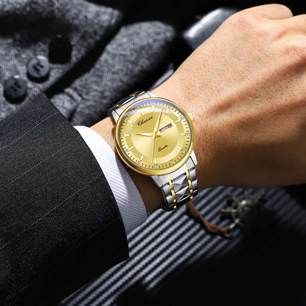 CHENXI Men's Quartz Business Casual Watch Minimalist Stainless Steel Strap Luminous Date Curved Mirror Display Man Watches