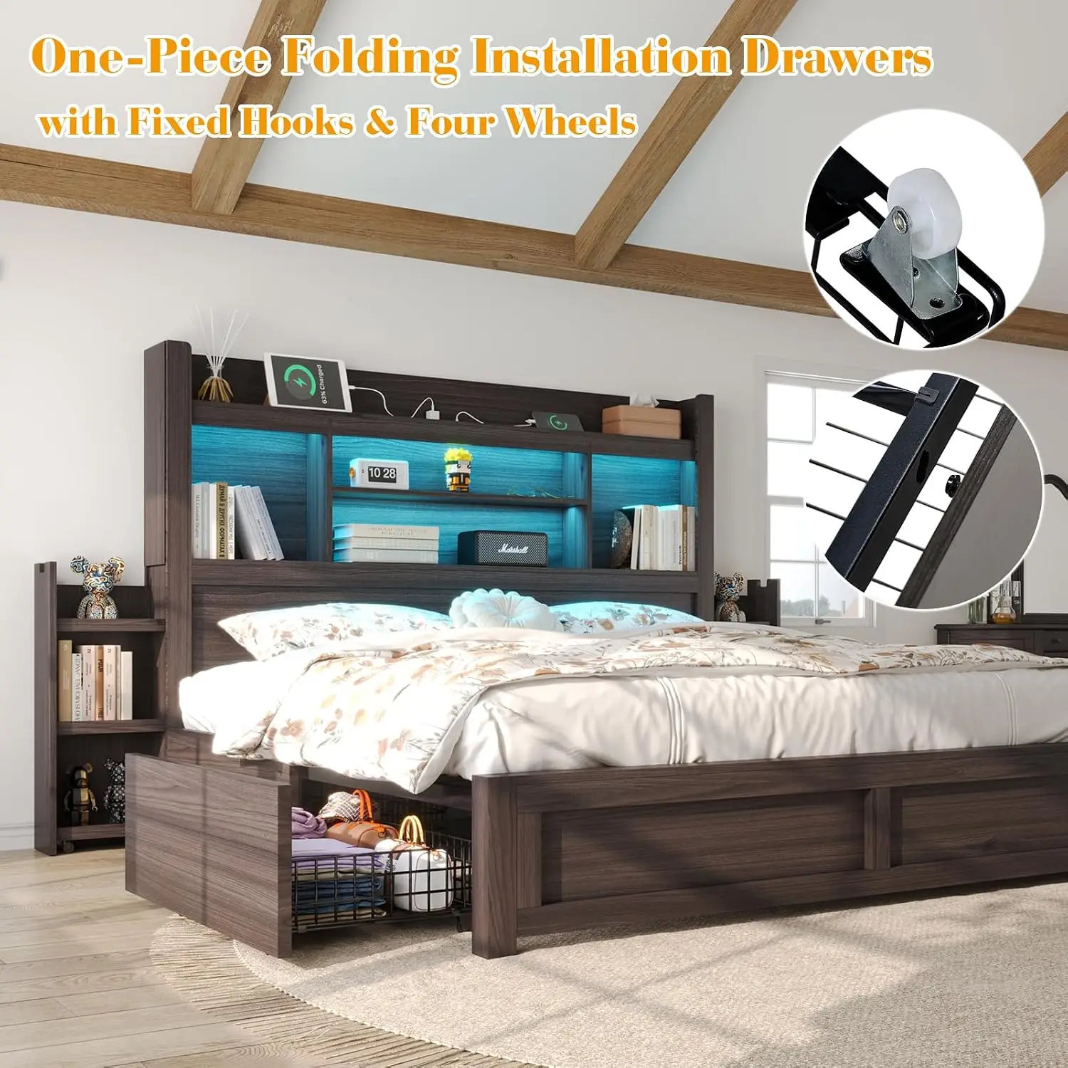 King Bed Frame Storage Bookcase Headboard Metal Platform No Box Spring Needed Bedroom Furniture, Customized image 5