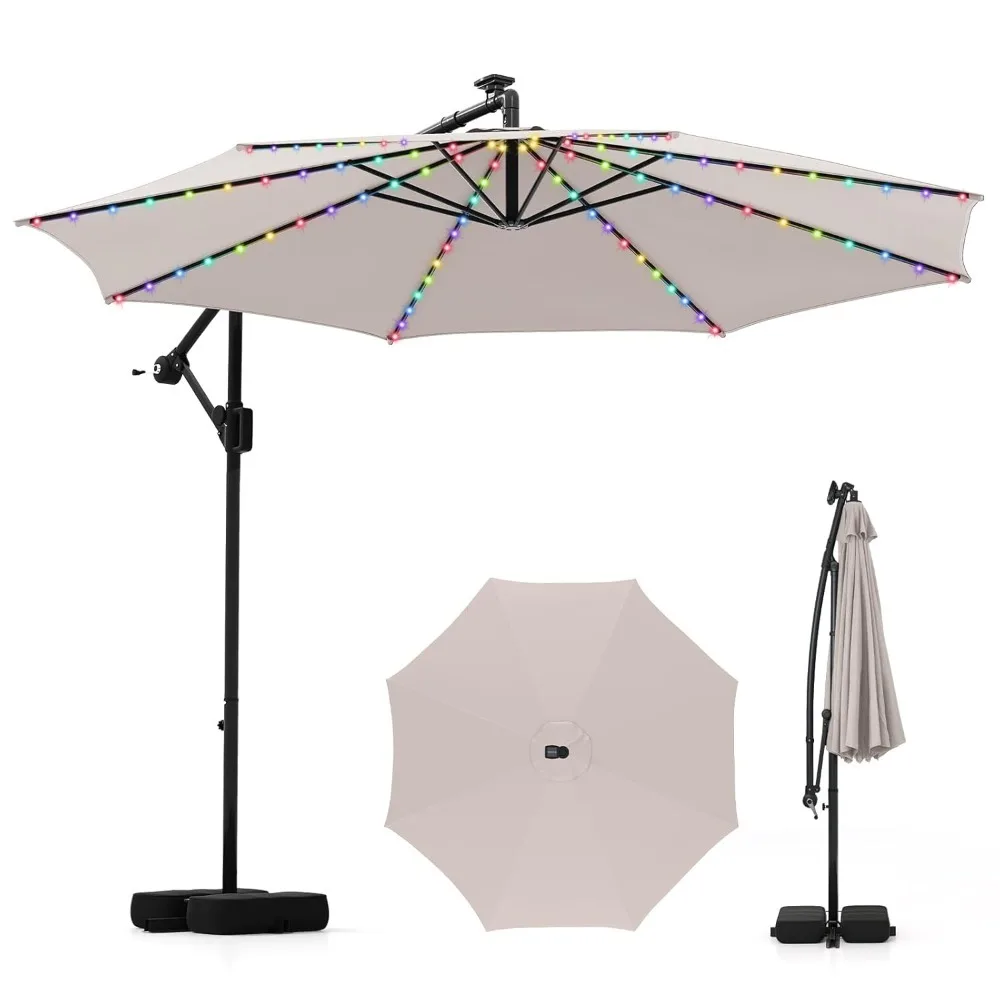 10 FT Solar Cantilever Patio Umbrella with Base, Offset Hanging Outdoor Umbrella with 96 Multi-Colored Flowing LED, Customized
