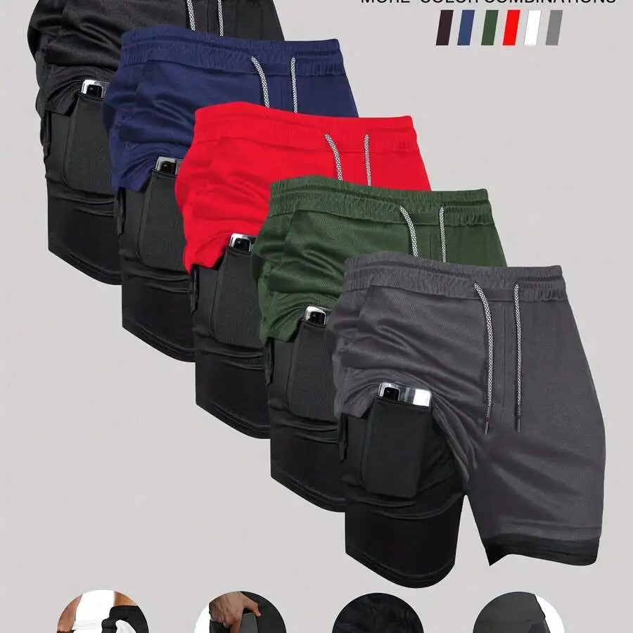 5pcs Mens Double Layer Basketball Shorts With Phone Pocket Quick Dry Breathable Sports Fitness Shorts