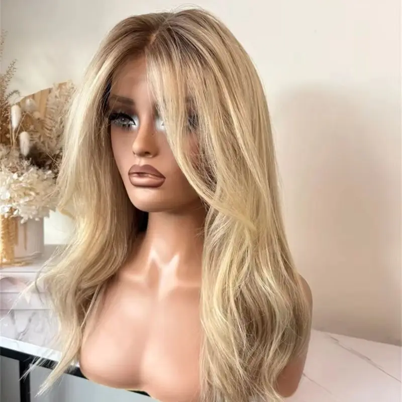 13x4 Middle Part Ombre Brown Blonde Synthetic HD Lace Front Wig with Roots High Quality Heat Resistant Fiber Wigs Party Cosplay