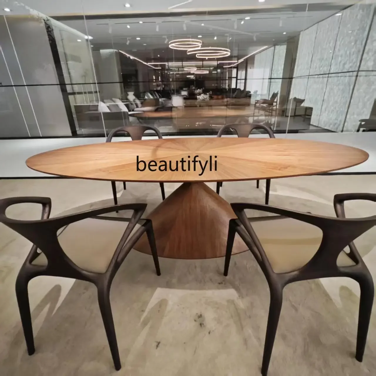 

Italian minimalist dining table and chair combination oval all-solid wood special-shaped villa high-end Italian designer