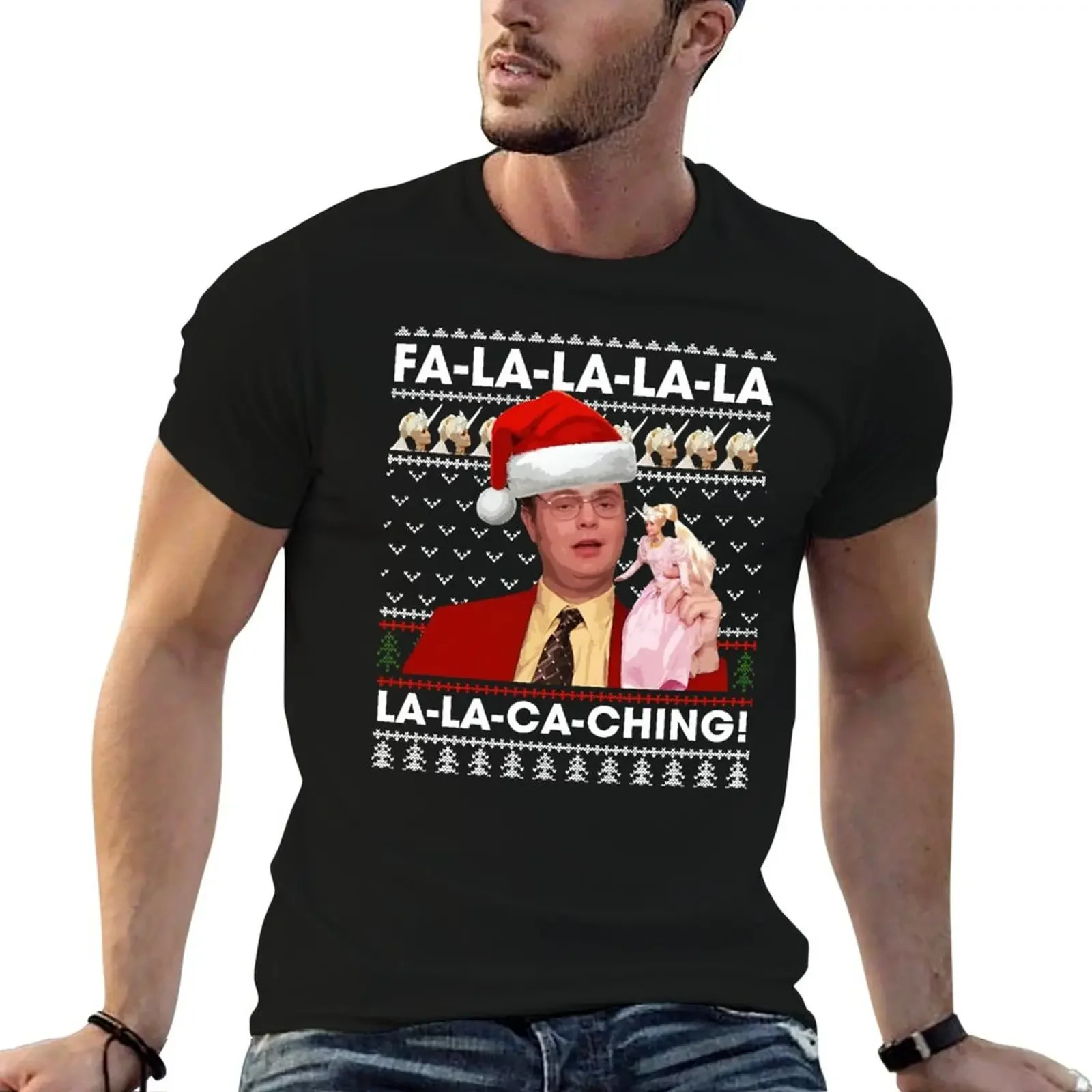 

FA La La La La-Ca-Ching Dwight Schrute Office Xmas Ugly Christmas T-Shirt anime figures vintage hippie clothes men workout shirt
