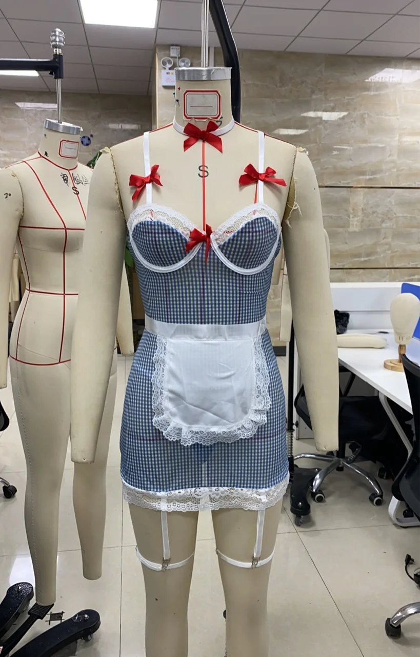 فستان نوم نسائي من CHRONSTYLE، فستان نوم منقوش بحواف من الدانتيل مع مريلة وملابس داخلية وحلقات للساق