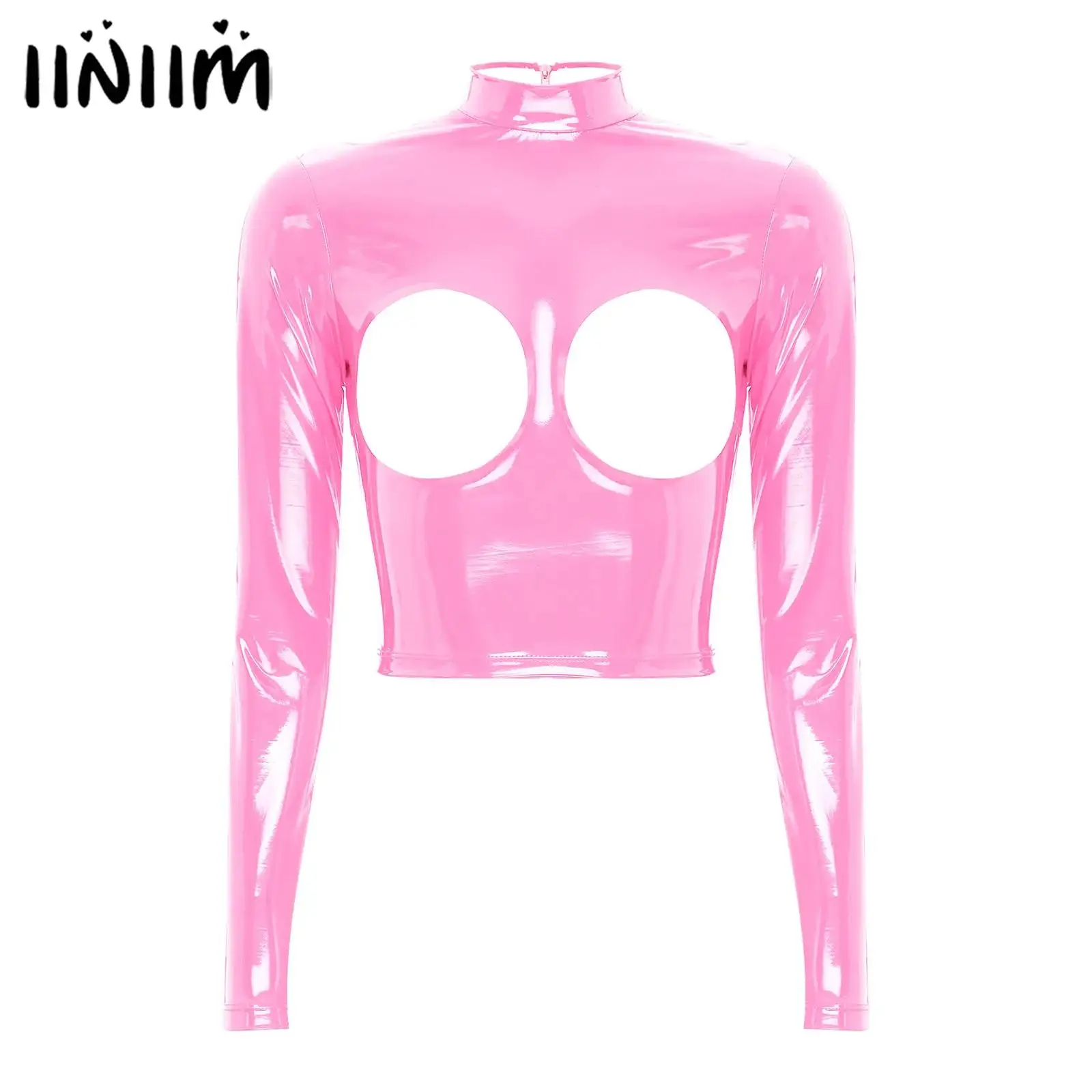 Womens Wet Look Patent Leather Back Zipper Cupless sexy Top Open Chest Nipple Crop Tops Glossy Mock Neck Long Sleeve Clubwear