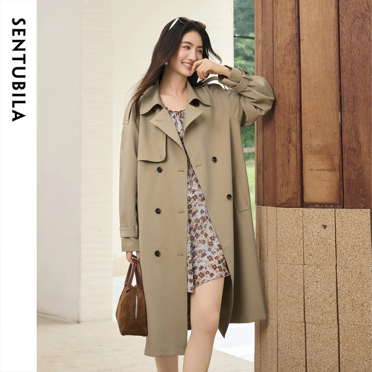 SENTUBILA Double‑Breasted Long Trench Coat British Style Notched Lapel Detachable Belt Women Autumn Office Outerwear 163FB7774