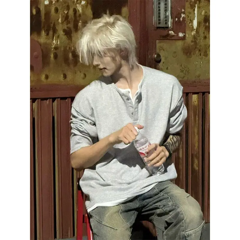 

Мужская весенне-осенняя футболка из двух частей с вафельным длинным рукавом Henley