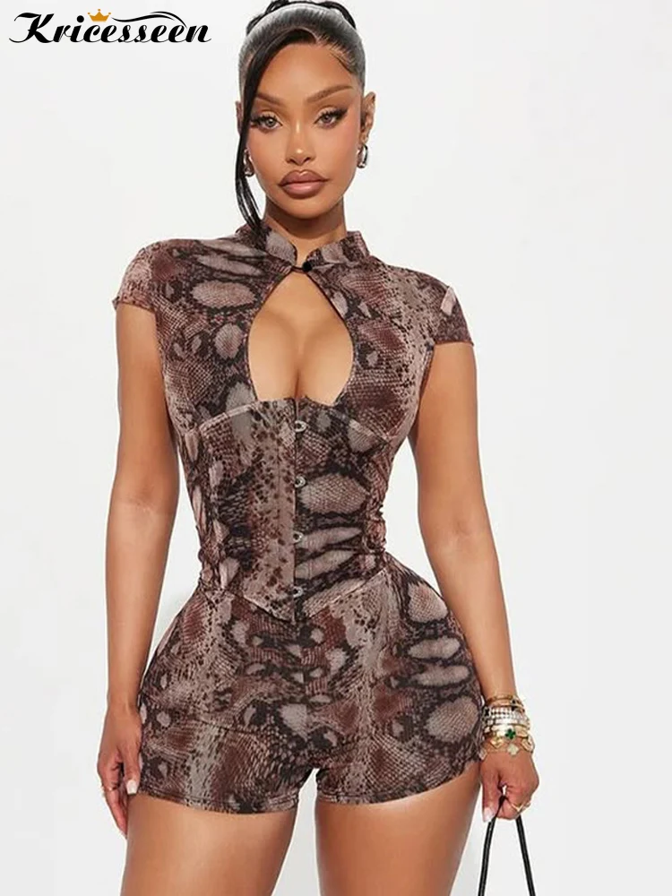 Kricesseen​ Sexy Snakeskin Print Romper Women Short Sleeve Keyhole Bodycon Jumpsuit Fashion Clubwear One Piece Shorts Playsuit