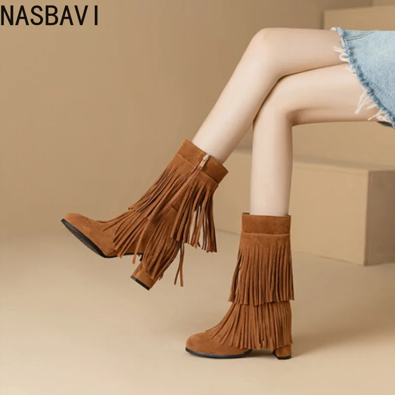 

NASBAVI Winter Women Ankle Boots Fringe Black Brown Wine Red Flock Two-layer Tassel Decor Shoes Fashion Chunky Heels Footwear
