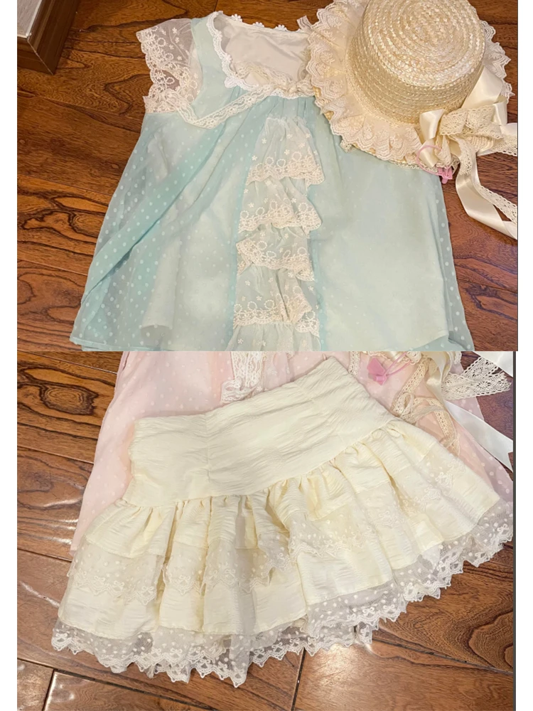 2025 الصيف الوردي الحلو الدانتيل المرقعة مجموعة المرأة تحلق كم أعلى + تنورة عالية الخصر دعوى الأميرة الجنية قطعتين مجموعة 2025