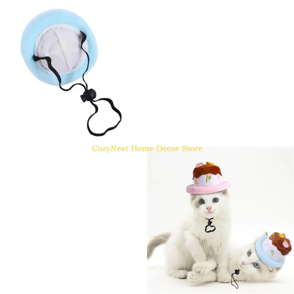 92MF Lovely Pet Birthday Cake Hat Adjusting Neckstrap Dog Party Hat RolePlaying Costume Hat Mini Hat Cats Photo Headgears
