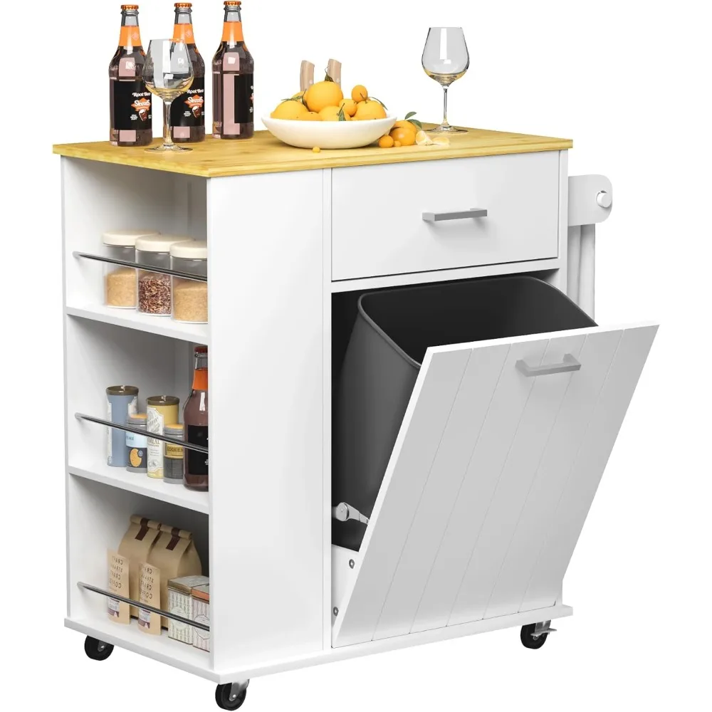 

Rolling Kitchen Island with Trash Can Storage, Portable Kitchen Island on Wheels with Towel Rack & Spice Rack, Tilt Out Trash