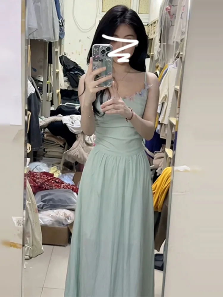 

Женское повседневное летнее платье миди на бретельках, молочно-мятное, с присборенной талией, А-силуэт