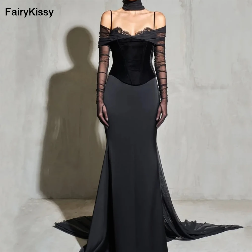 

FairyKissy Black Lace Long Sleeves Evening Dresses Velvet Mermaid Prom Dresses Formal Occasions Vestidos De Fiesta