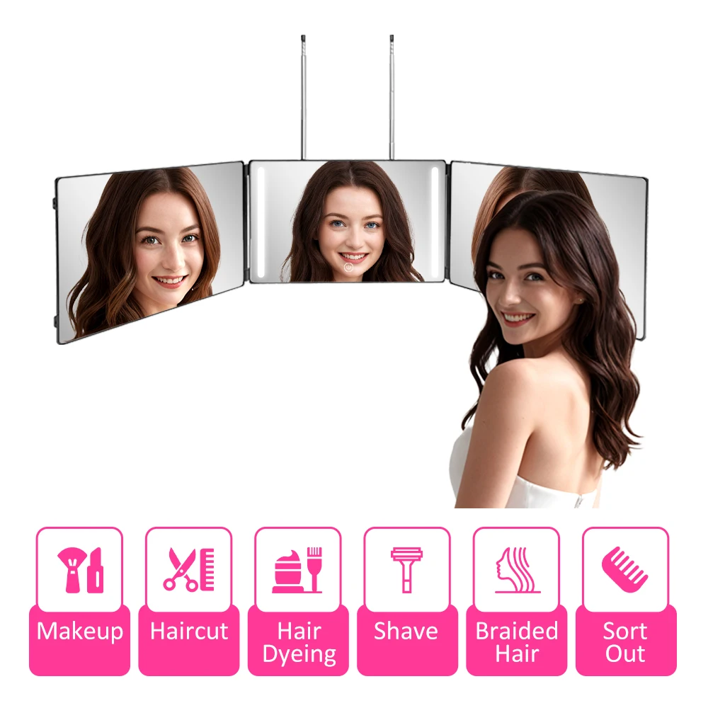 

Missmeeca 3 Way Mirror For Self Hair Cutting 360° With LED Light Trifold Self Haircut Mirror Rechargeable With Height Adjustable