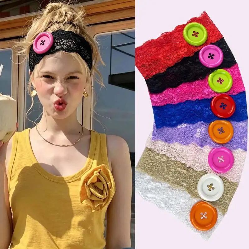 Vintage Lace Big Button Headband Elastic Wide Hairband For Women Girls Y2K Japanese Yoga Travel And Daily Hair Styling Accessory