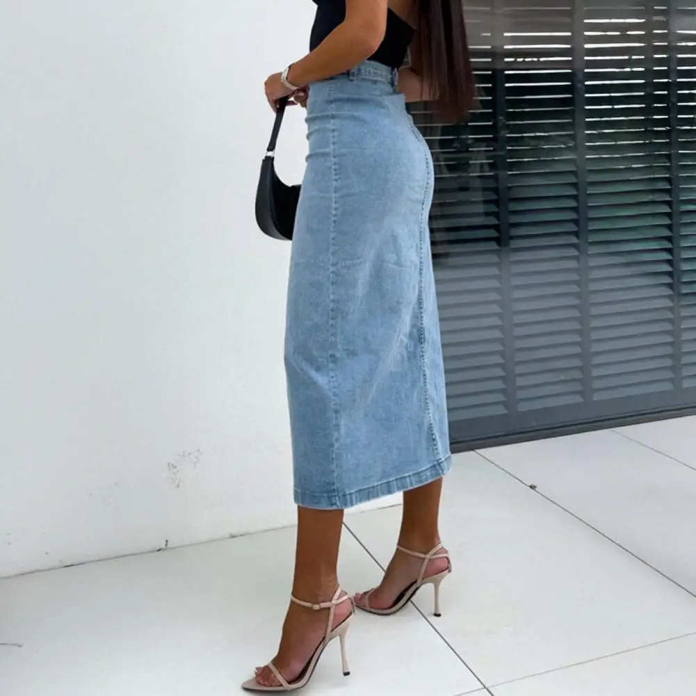 Женская юбка Стильная женская джинсовая юбка с завышенной талией и пуговицами Нерегулярный дизайн с разрезом Однотонная юбка-миди для модного