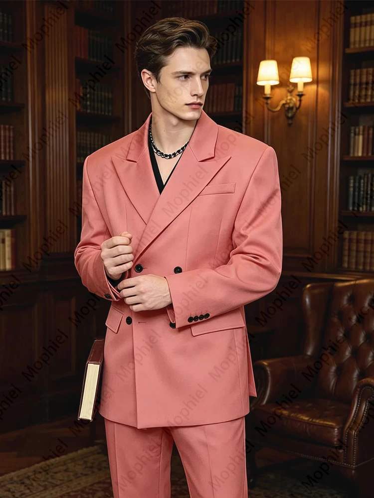 Men's 2 Piece Suit Double Breasted Peak Lapel Oversized Shoulder Serge Tuxedo Blazer Straight Leg Pants Fashion Set Wedding Part