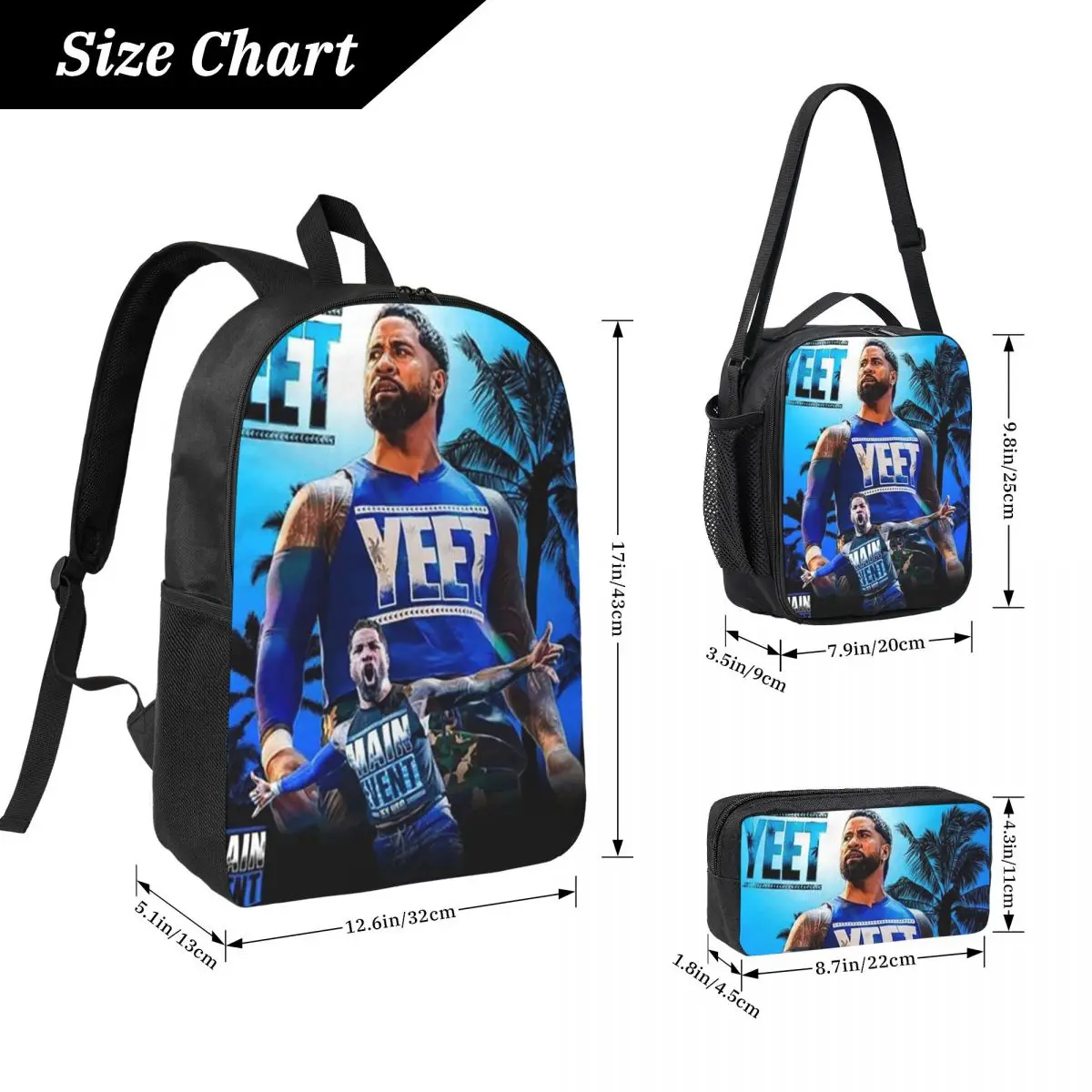 Jey Uso Yeet Vintage Graphic Printed Backpack Boys Girls BookBag School Bag Shoulder Bags 3ps Insulated Lunch Bag Pencil Case