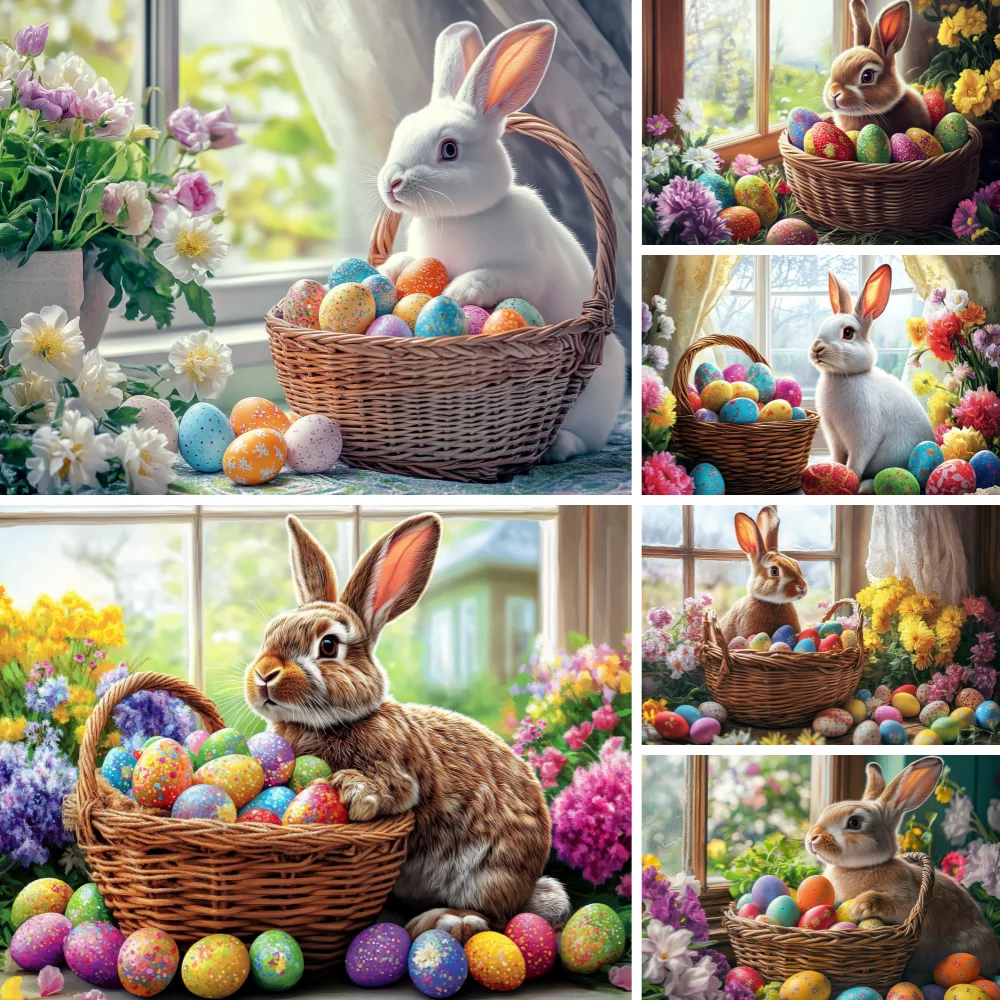 

Happy Easter Photography Background Colorful Eggs House Basket Rabbit Photozone Backdrop Children Studio Photocall Props