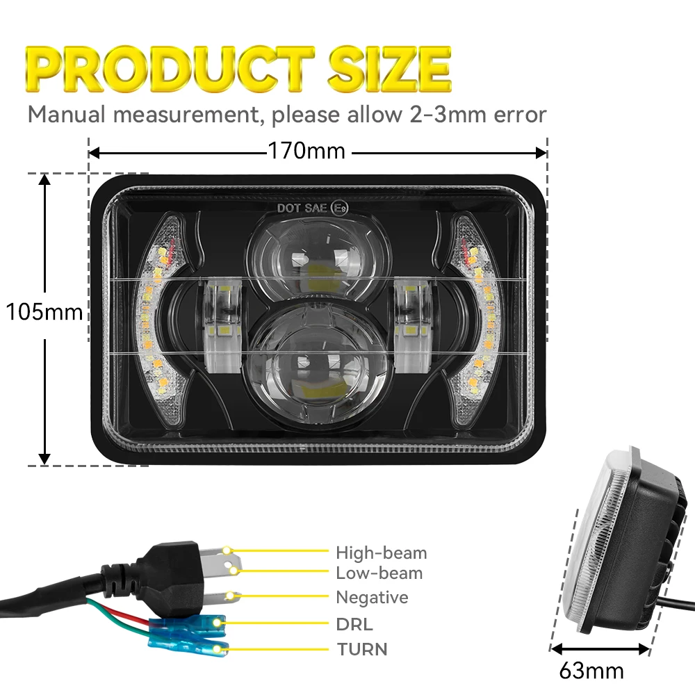 1pcs DOT Black Motorcycle DRL Lamp 4X6 LED Headlight For Honda XR250 XR400 XR650 Suzuki DRZ Accessories Rectangular Light