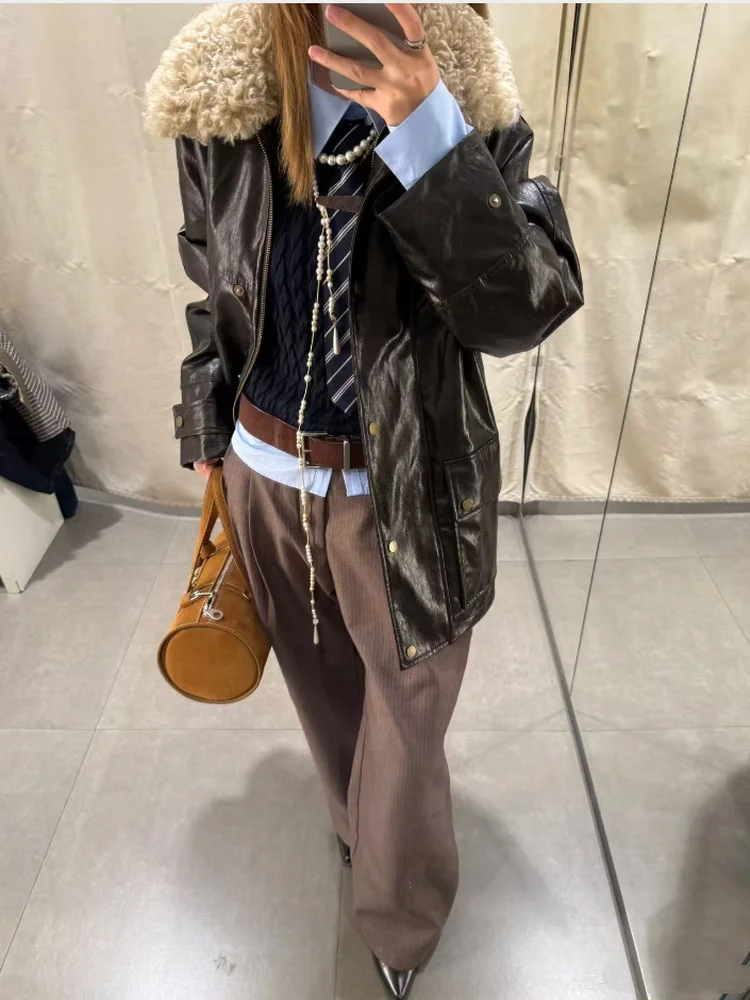 

Winter New Women's Loose Fit Collar Cotton Jaet Artificial Fur Effect Outerwear Casual Sle Long Sve Zipper Closure