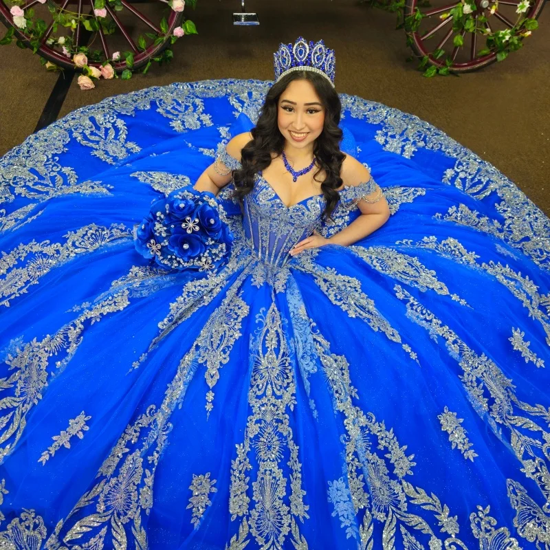 

Royal Blue Quinceanera Dresses Off the Shoulder Gold Spraying Glitter Crystal Decal Long tail Vestidoe 15 Quinceanera Customize