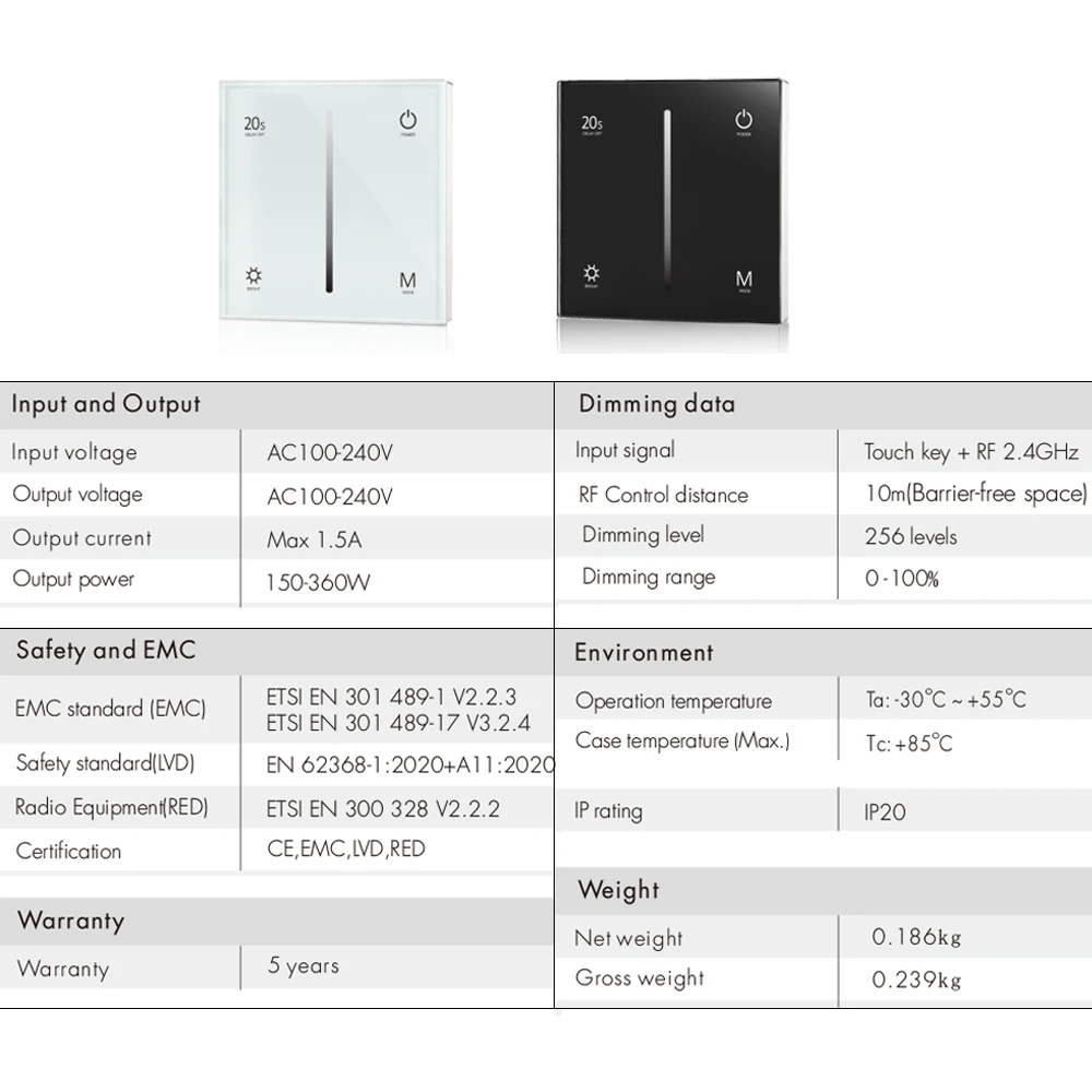 AC Triac Dimmer 110V 220V 230V LED Dimmer Switch 360W Rotary Glass Panel Touch Dimmable Remote For Single Color LED Lamp Bulb