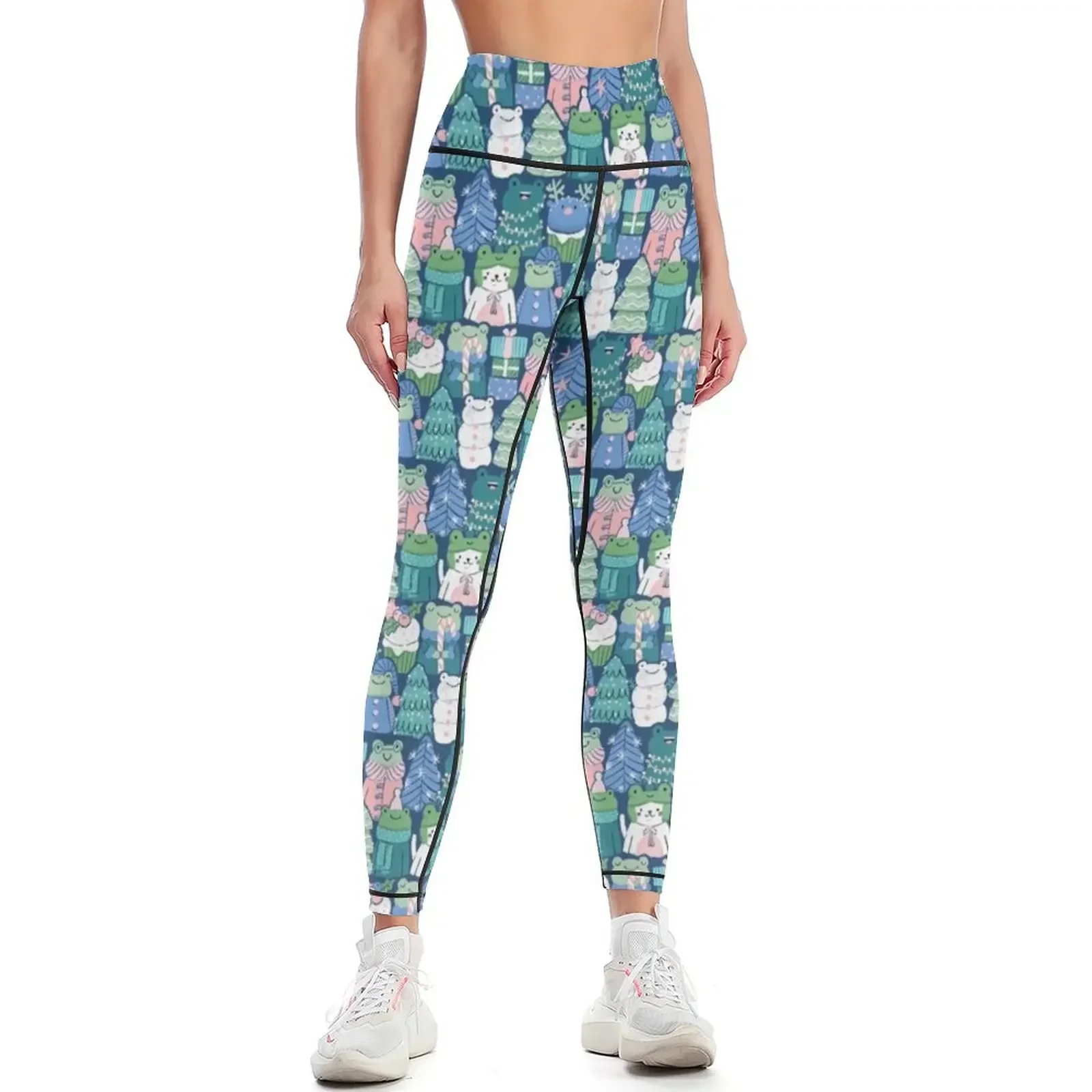 Merry Christmas amphibians. Frogs. Snowman, deer cupcake, holiday tree and a cat in a hat. Leggings