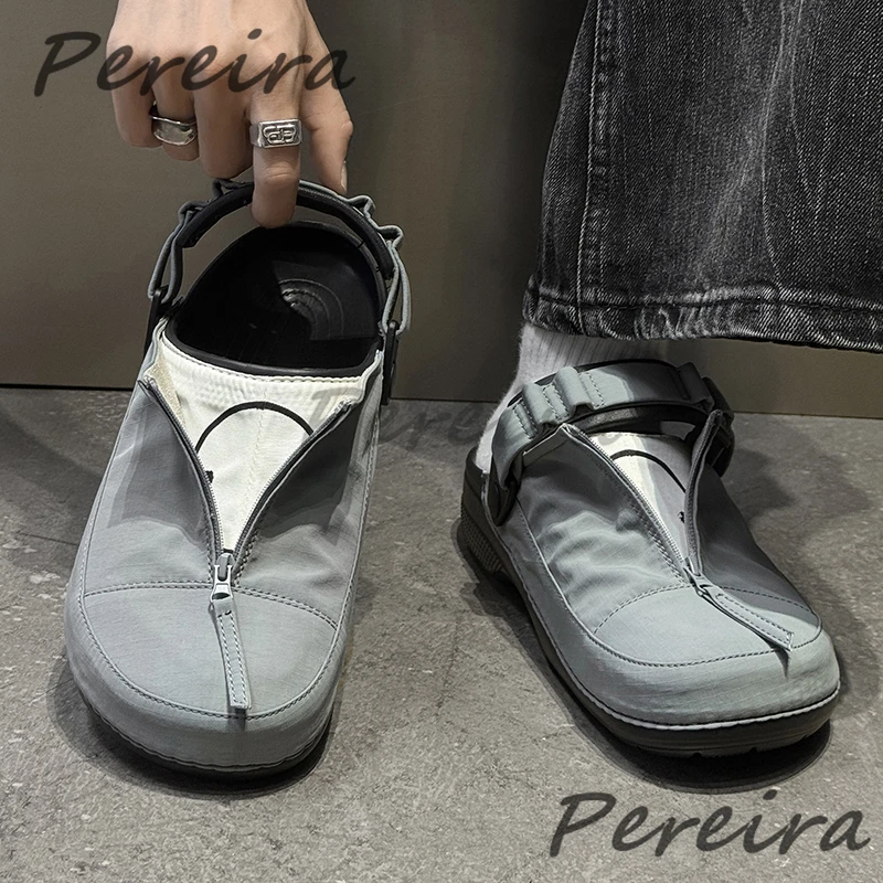 

Summer New Men's Sandals Casual Mules Round Toe Zipper Slip-On Flats Half Slippers Trendy Outdoor Comfortable Couple Beach Shoes