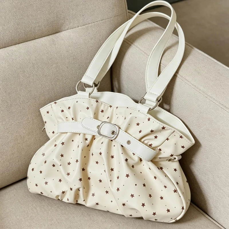 

Korean Star Pattern Tote Bag Belt Buckle Decorative Handbag Soft Pleated Shoulder Bag Women's Fashion Simple Commuter Bag