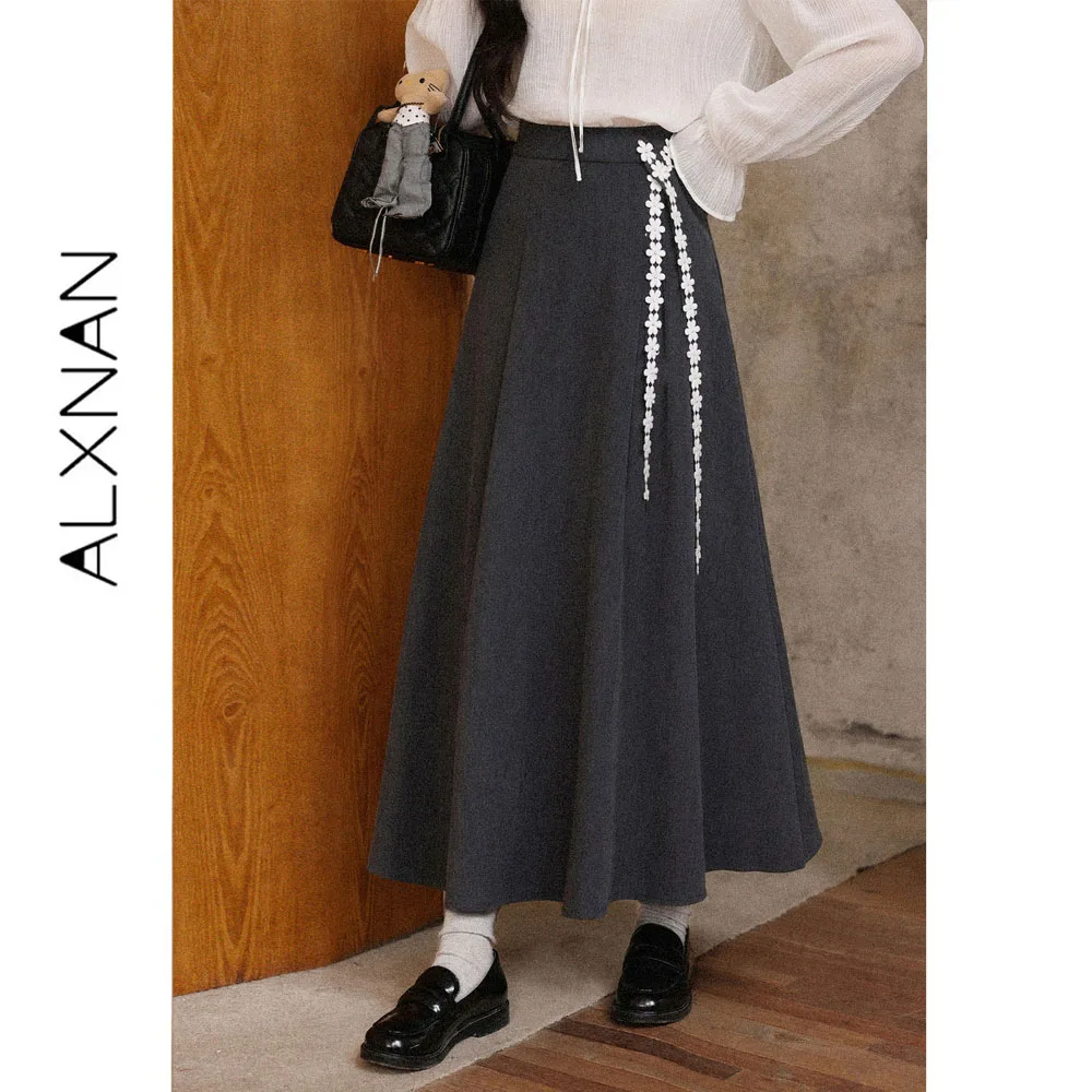 ALXNAN Grey Long Skirt Women Autumn Elegant A‑line High Waist Long Skirt Waist White Small Flower Drawstring Decoration L67779A