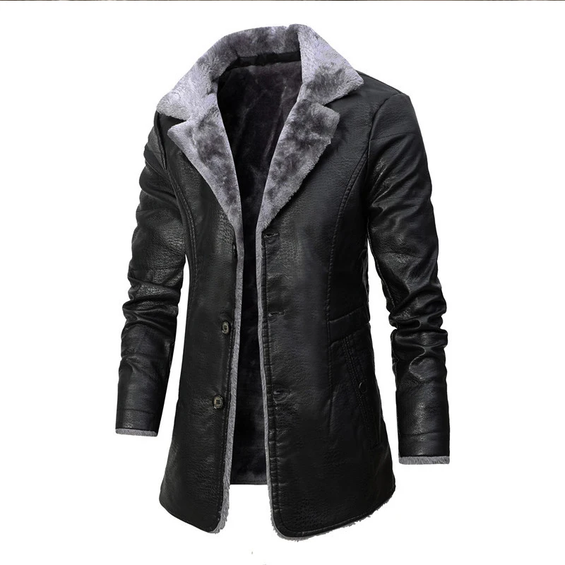 2023 Men Winter Long Thick Fleece PU Leather Jacket New Winter Fashion Suit Collar Men\'s Windbreaker Leather Jacket Coats