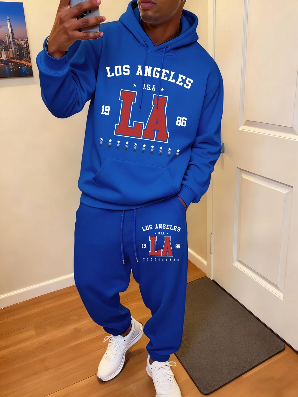 2 قطعة مجموعة هوديي الرجال 1986 لوس أنجلوس الولايات المتحدة الأمريكية المطبوعة Sweatpants رياضي جيب فضفاض البلوز السراويل الخريف الصوف الملابس الدافئة